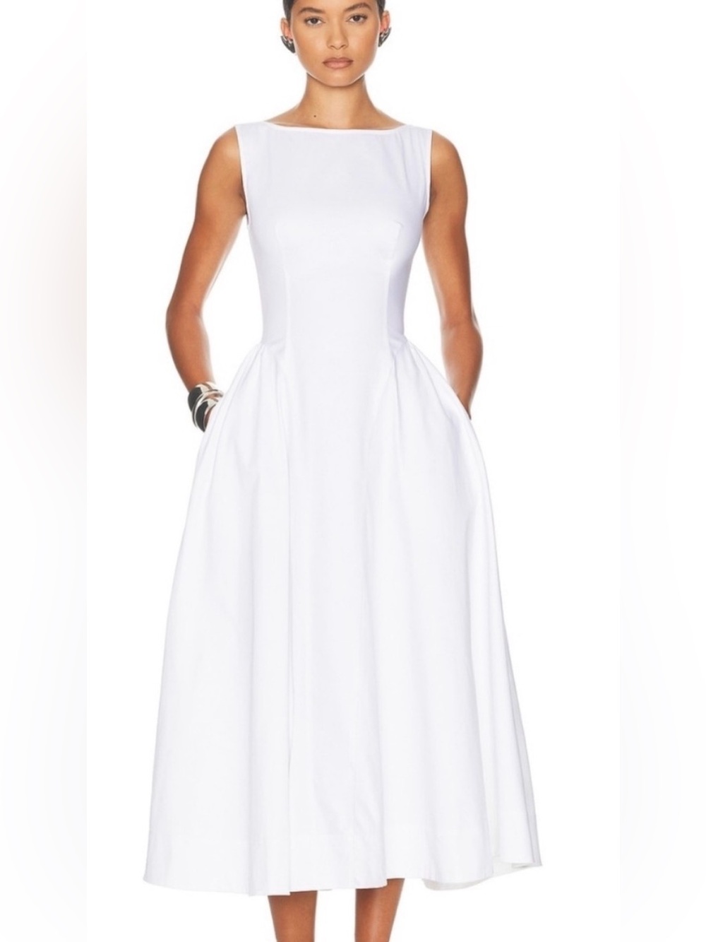 Matteau 100% Cotton Poplin White Sleeveless Boat Neck Tie Back Midi Dress Pocket - Picture 15 of 16